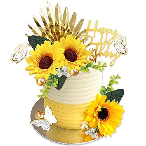Ufromsky 34Pcs Sunflower Boho Cake Toppers Butterfly Cake Decorations Happy Birthday Cake Toppers With Gold Palm Leaves Balls And Artificial Plants For Sunflower Theme Birthday Wedding Party Supplies #TOP2