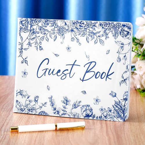 Panelee Wedding Guest Book with Pen Set Elegant Guest Sign in Books Bridal Shower Guestbook Beautiful Guest Book Wedding Reception Guestbook for Wedding (Flower, Blue)
