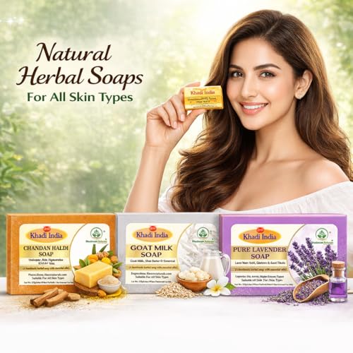 Image of Khadi Organic and Natural Handmade Bathing Soap for Men & Women | Assorted Herbal & Chemical-Free Face and Body Soap for Gentle Cleansing & Healthy Skin (Mixed soap (Pack of 4))