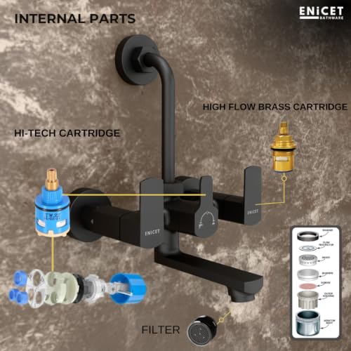 Image of ENICET 2 in 1 Wall Mixer with Shower for Bathroom, Matte Black, Brass Build, 220mm Long Bend Pipe Provision, Shower Set, Mixer Tap for Bathroom (KE121SBLACK)