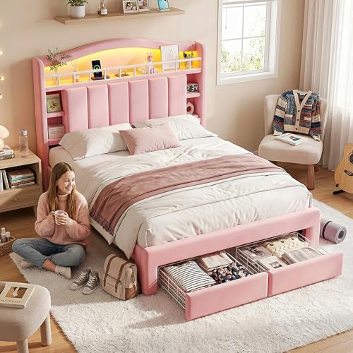 Image of Pink Queen Size LED Bed Frame with Storage Headboard, Upholstered Velvet Wood Princess Bed for Girls with 5 Charging Ports (USB-C & AC), Hidden Compartment, Sturdy Aluminum Frame & 2 Silent Drawers