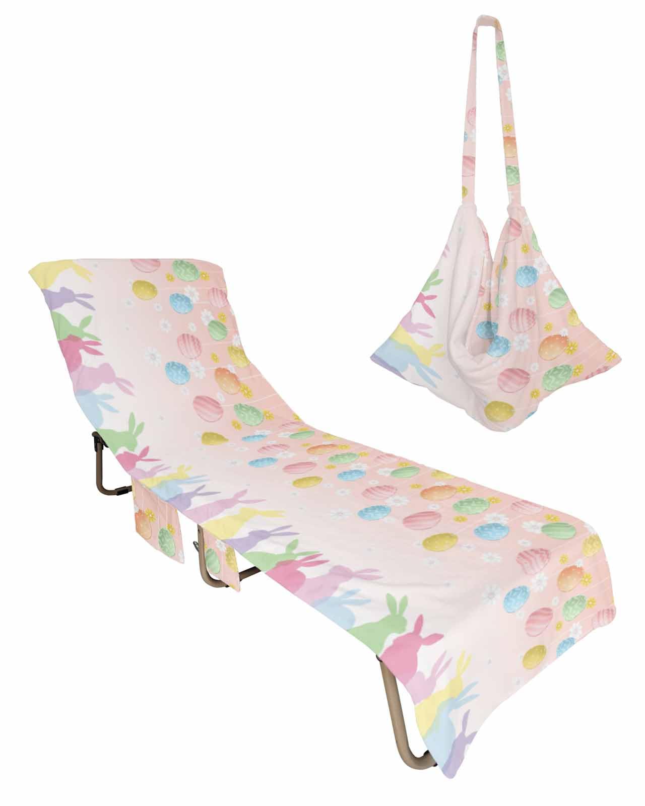 Easter Eggs Beach Chair Towel Covers for Chaise Lounge with Side Pocket, Soft Plush Pool Towels Cover for Patio Sunbathing Outdoor 29''x85'' Colored Easter Bunny Weeping Blossom