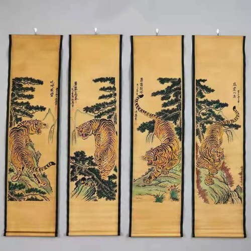 Materiale:carta Set di Dipinti antichi Cinesi su Rotolo, 4 Pezzi/Set di Dipinti antichi con Motivo a Tigre, for Decorare la Stanza, Dipinti appesi