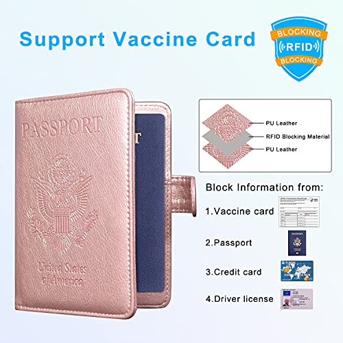 ACdream Passport and Vaccine Card Holder Combo, Cover Case with CDC Vaccination Card Slot, Leather Travel Documents Organizer Protector, with RFID Blocking, for Women and Men, Rose Gold3