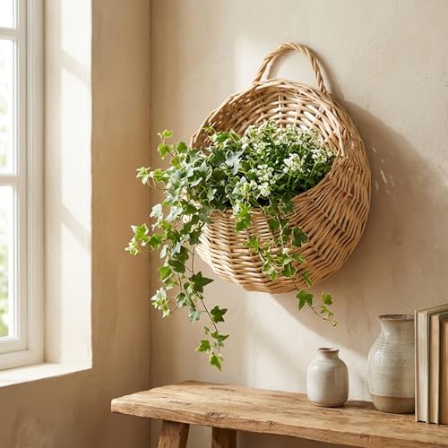 Cesta pequeña de pared de ratán para plantas colgantes y macetas rústicas 7