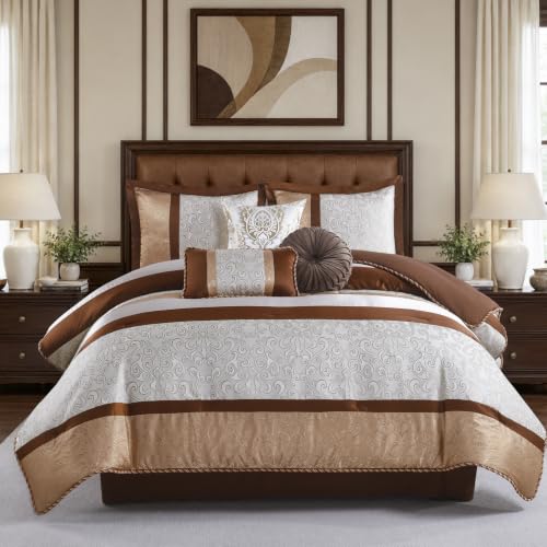 Image of CozyDH King Comforter Set Brown Cream - 7 Piece Luxury Jacquard Damask Bed in a Bag, Elegant Twisted Cord Edging, All Season Down Alternative Bedding with Bed Skirt, Shams, Decorative Pillows