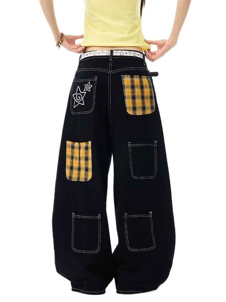 Unisex Y2k Vintage Plaid Multi Pockets Star Embroidery Jeans Hiphop Harakuku Loose Fit Casual Wide Leg Denim Pants
