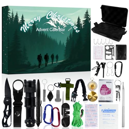 Survival Kit Advent Calendar 2026 - Christmas Countdown Calendar 24 Days Advent Calendar for Men Adults Teen Cool Emergency Survival Gears for Outdoor Camping Fishing Hunting Adventure