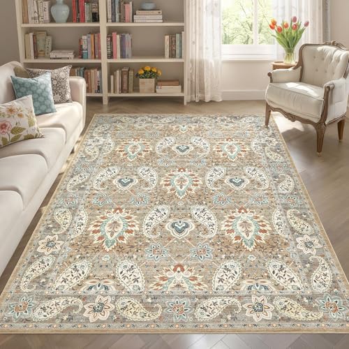 Tortania Area Rug Living Room Rugs - 5x7 Washable Boho Rug Vintage Oriental Distressed Farmhouse Large Thin Indoor Carpet for Living Room Bedroom Under Dining Table Home Office - Paisley Brown