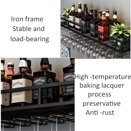 Wall Mounted Wine Rack with Glass Holder and Screws Easy Installation Stable Metal Shelf for Kitchen Wine Cellar Bar Black/Gold Finish 100cm