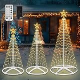 3 Pack Christmas Cone Tree Lights, 4ft 5ft 6ft Led Christmas Tree Dimmable with 12 Modes Remote Control, Light Show Artificial Xmas Tree with Topper Star for Indoor Outdoor Yard Decor, Warm White