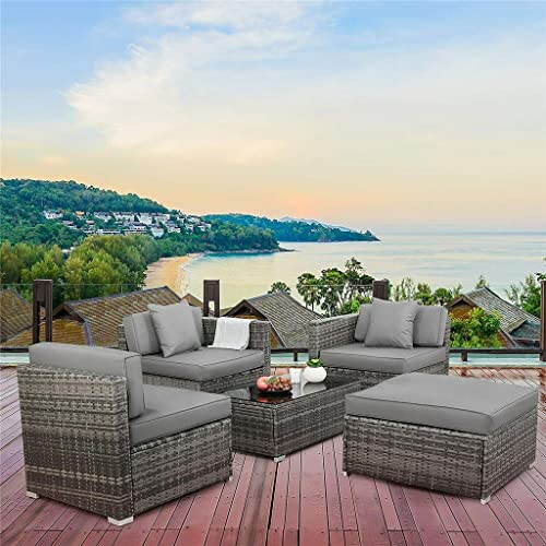 NOALED Juego de Muebles de jardín de ratán, 5 Juegos de sofá de Patio, Juego de Muebles de Exterior de Tejido de Mimbre con Cojines de Mesa de Vidrio (Gris Talla ?nica)