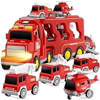 Agarte Fire Engine Toys, 5 in 1 Fire Truck Toys with Sound & Light, Helicopter, Ladder Truck, Sprinkler, Fire Car Carrier Transport Vehicle Toy Christmas Birthday Gift for Kids Age 3 4 5 6+