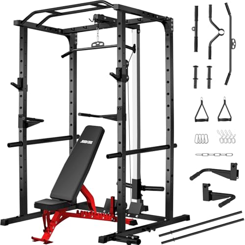 Image of JEEKEE Power Rack with LAT Pulldown, 2000LBS Power Cage with Cable System, Multi-Function Squat Rack with J-Hooks, Safety Bars, Landmine, Pull Up Bar & Attachments for Home Gym Strength Training,Black