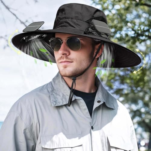 Solar Powered Fan Hat for Men Women Wide Brim Hat with 2 Fans UPF 50+ Outdoor Fishing Beach Sun Hat2