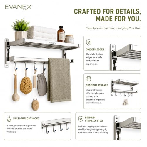 Image of EVANEX Towel Rack for Bathroom 304 Stainless Steel Towel Holder 24 Inch Folding Towel Rack with Shelf Wall Mounted Chrome Finish Bathroom Organizer, Bathroom Accessories Set