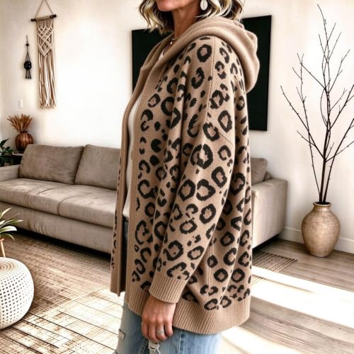 Leopard Print Cardigan Sweater Open Front Knit Cardigan with Hood Top - image 3