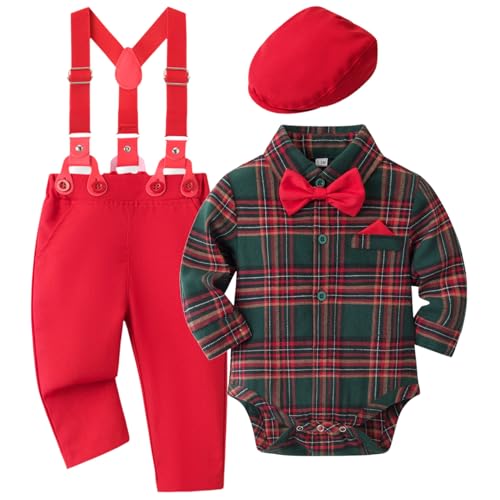 Image of SALNIER Baby Boy 5PCS Formal Outfit Soft Cotton Romper Suspender Pants Bowtie Beret Hat Infant Wedding Birthday Party Suit
