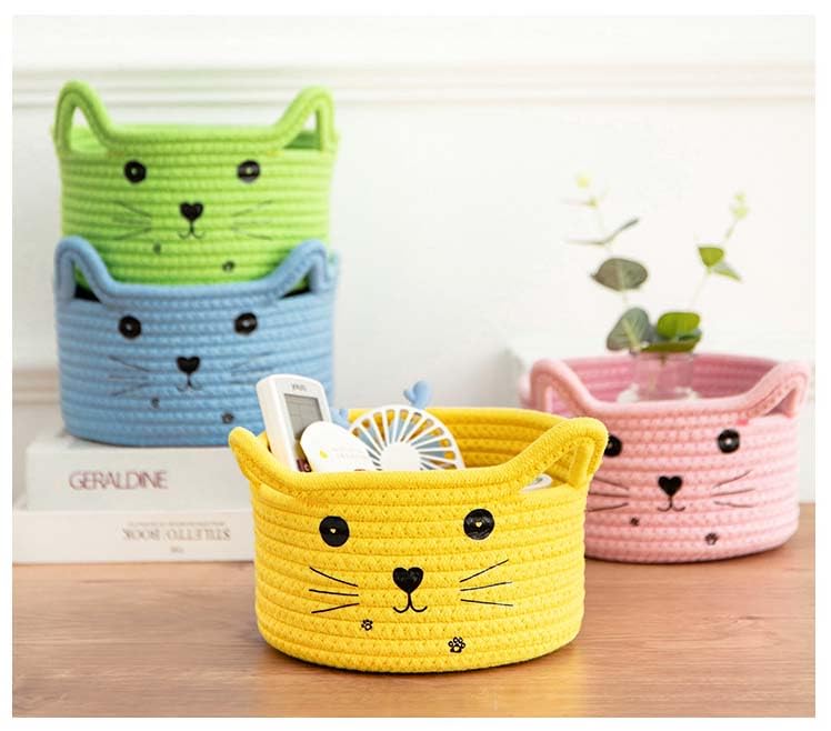 Image of Woven Basket Cartoon Cotton Rope Gifts Basket with Handle Empty Baby Wicker Storage Basket Nursery Box Bin Kids Organizer Cat Dog Toy Basket Easter Basket,Yellow
