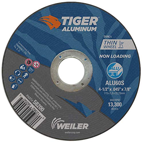Image of Weiler 58200 4-1 /2 Inch Cutting Wheel, Tiger Aluminum Non-loading Contaminant-free High Performance Cutting, .045 inch ALU60S Type 1 7 /8 inch Arbor, Pack of 25