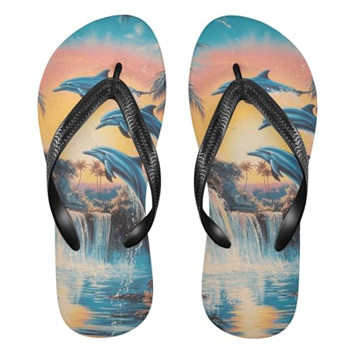Waterfall Dolphin Palm Trees Flip Flops for Beach Thong Sandals Anti-slip Lightweight Beach Shoes for Summer Travel Swim