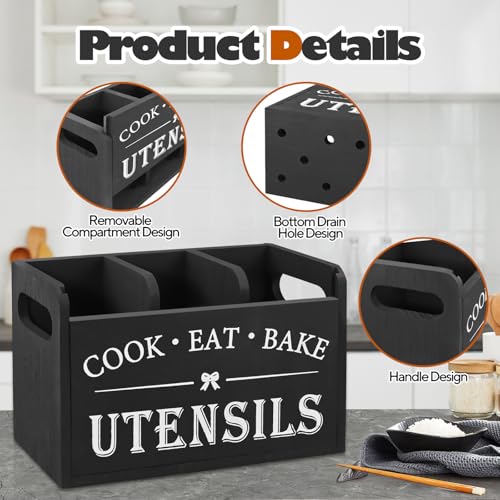 Kitchen Utensils Holder - Black Utensil Holder Cooking Utensil Organizer with 3 Compartment Drainage Bottom, Wooden Cutlery Storage Holder Farmhouse Cutlery Caddy, Cooking Tools Storage for Countertop - Image 4