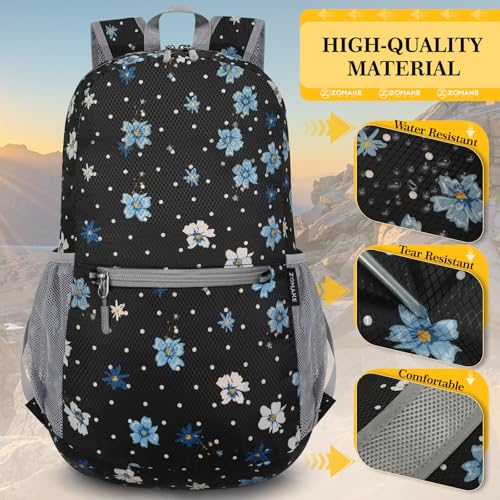 Image of ZOMAKE Ultra Lightweight Hiking Backpack 20L, Packable Small Backpacks Water Resistant Daypack for Women Men(Black,White Polka Dot Floral)