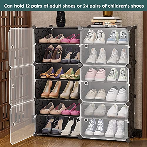 Image of AYSIS 12 Shelf DIY Shoe Rack Box Organizer ^ Multi-Purpose Plastic Shoe Rack for Home, PP Plastic Home Rack with Door for Entryway, Chappal Slipper Shoe Stand【Black, 12-Shelf-6-Door】