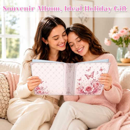 Image of Photo Album 4x6 120 Pockets Quilted Pink Rose Butterfly | 120 clear 4x6 photo pockets, strong elastic band, compact album, family travel wedding use, pink rose butterfly cover