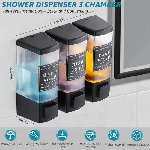 Image of Shampoo and Conditioner Dispenser for Shower, 3 Chamber, Black