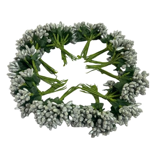 144 pièces de mini fleurs artificielles argentées avec étamines et pistils mous et tiges douces, baies de 20 mm pour créations DIY, épingles à cheveux de...