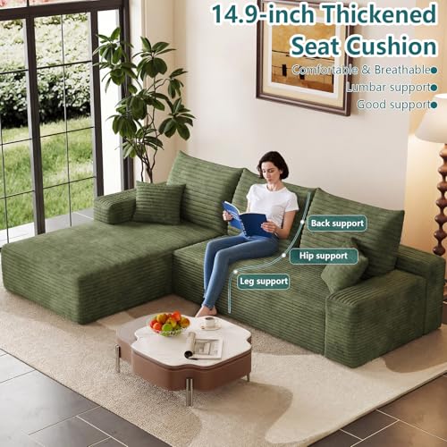 Image of 95 inch Modular Sectional Couch, Boneless L Shaped Cloud Sofa with Chaise Lounge, Corduroy Upholstered Couches Memory Foam Deep Seat, No Assembly Required, Ideal for Living Room(Green, Left Facing)