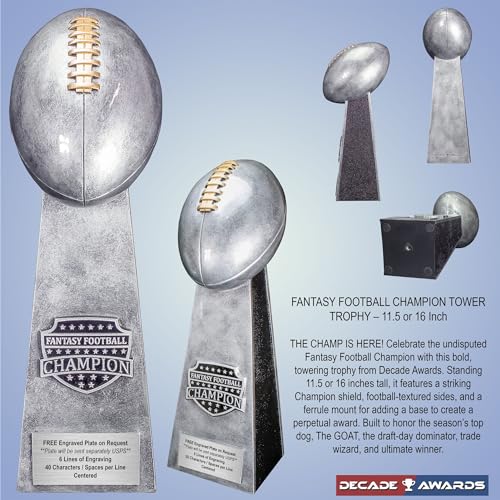 Image of Decade Awards Fantasy Football Champion Trophy, Silver or Gold - FFL Tower Award - Custom Engraved Plate on Request (11.5 or 16 Inch Tall)