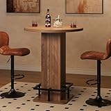 IRONCK Round Bar Table, 39.4' H Wood Bistro Pub Table with Metal Ring Footrest for Dining, Coffee, Cocktail, Living Room, Kitchen, Small Space, Brown(Only Table)