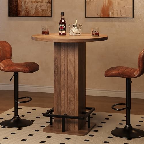 IRONCK Round Bar Table, 39.4" H Wood Bistro Pub Table with Metal Ring Footrest for Dining, Coffee, Cocktail, Living Room, Kitchen, Small Space, Brown(Only Table)