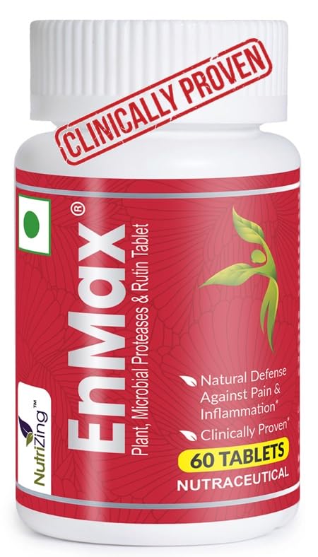 EnMax - A Clinically Proven Proteolytic Systemic Enzyme Tablet for Pain, Natural Pain Healer, Inflammation, Wound Healing & Faster Recovery From Injury or Surgery | 60 Servings - Made in India by NutriZing
