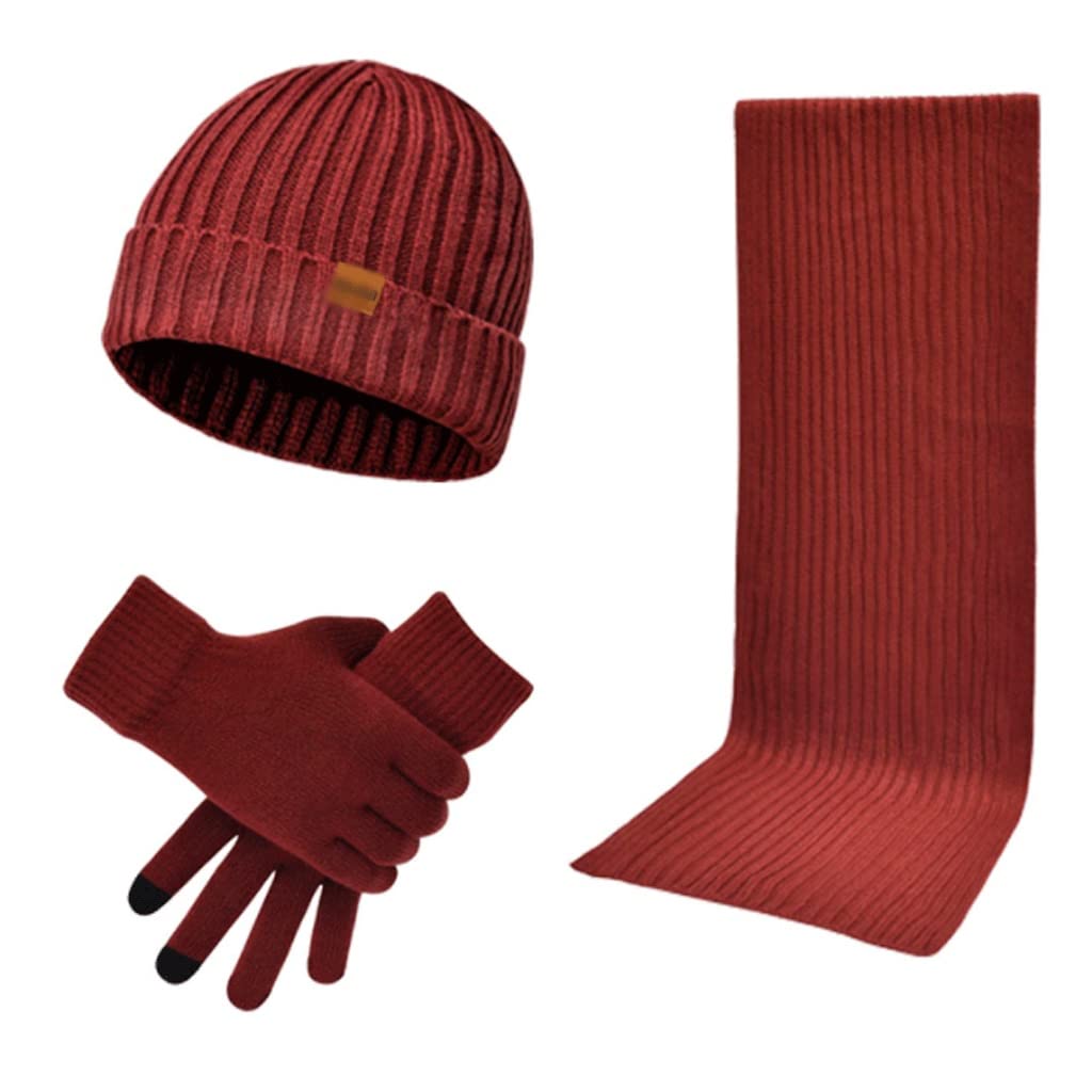 Winter-Strickschal for Männer, Schals Beanie-Hüte und Touch-Screen-Handschuhe-Geschenk-Set, verdicken warme Schal-Set-3-Teile, Feste Farbe (Color : Red)