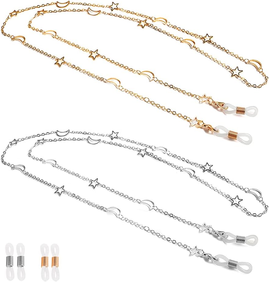 2PCS Eyeglass Chain Sunglass Strap Holder Reading Glass Cords Lanyard Necklace Eyewear Retainer Metal Long Necklace Accessories with Rubber Ends –Style Star and Moon