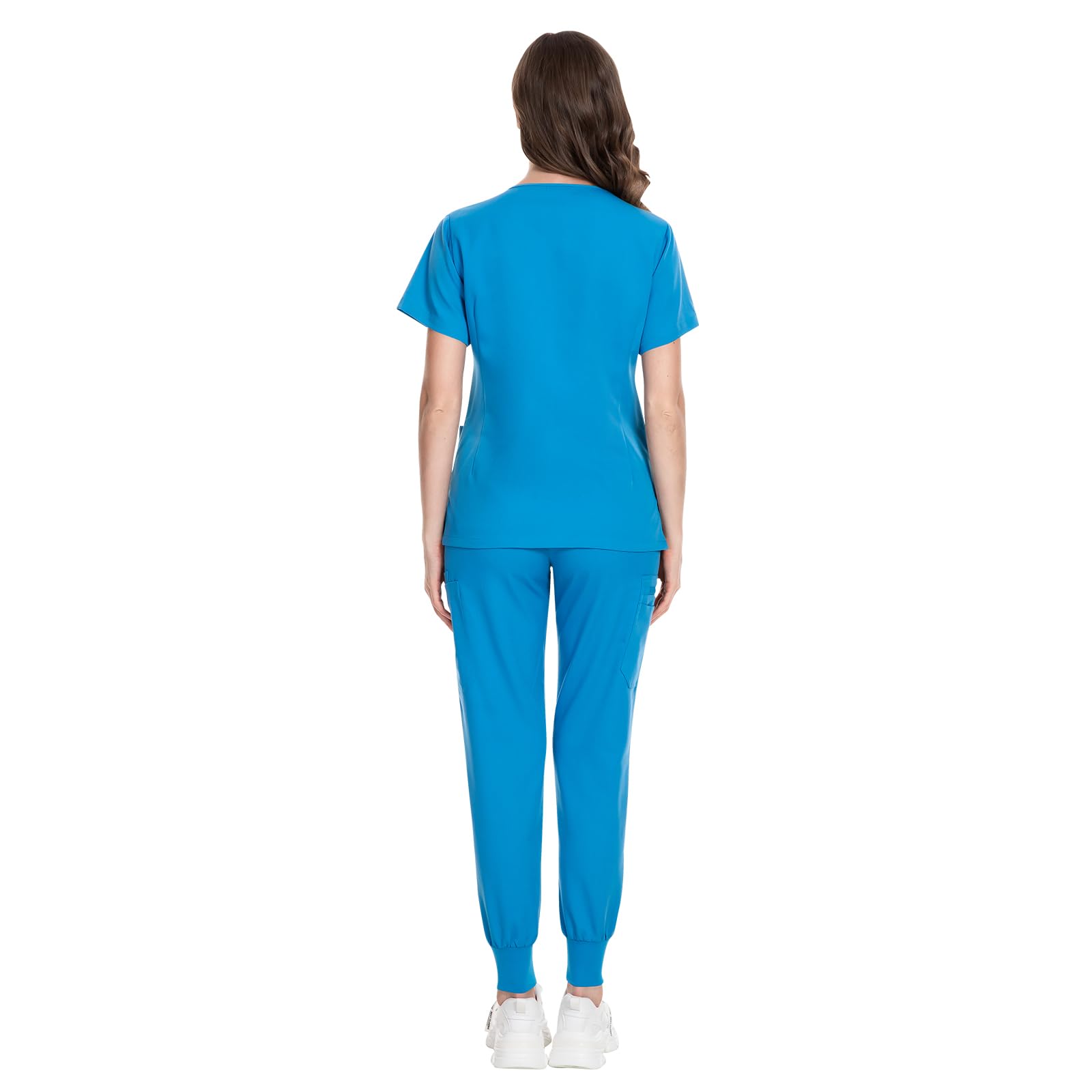 VIAOLI Set für Damen, modernes Oberteil mit V-Ausschnitt und 8 Taschen, Jogginghose, Stilluniform, einfarbig, Stretch, Arbeitskleidung, Himmelblau, Small