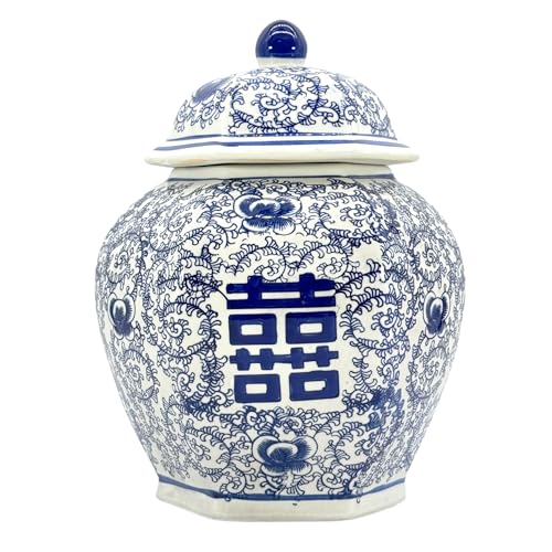 Galt International 12" Blue & White Chinoiserie Traditional Chinese Floral Happiness Ginger Jar Ceramic Porcelain Vase Home Decor