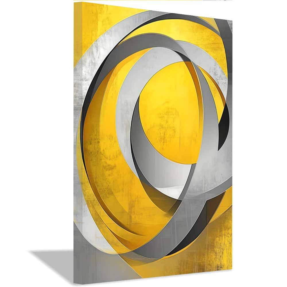QUSAAOU Wandkunst Gelb Grau Metallische Kreis Ringe Modern Rahmen Wohnzimmer Dekoration Moderne Minimalistische Leinwandbilder FüR Esszimmer KüChe Heimdekoration(Yellow)-30x45cm Gerahmt