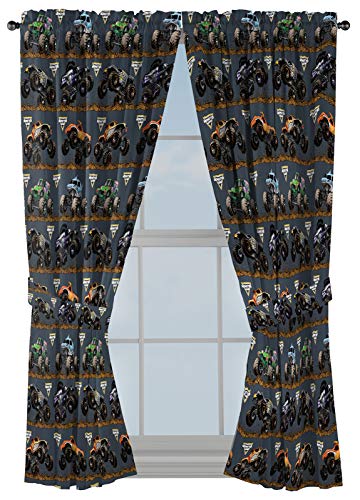 Jay Franco Kids Window Drapes - 4 Piece Curtain Set Includes 2 Tiebacks, Beautiful Bedding Room Décor and Easy Set Up, Black - Monster Jam, 63 Inch