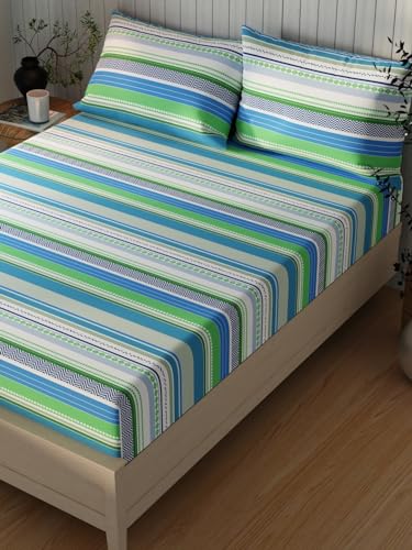 Image of KOPA Extra Smooth Cotton Double Bedsheet with 2 Pillow Covers -3pc Set (Lopez) | Extra Smooth Cotton | 1 Double Bedsheet with 2 King Size Pillow Covers Stripe-Green /Multi