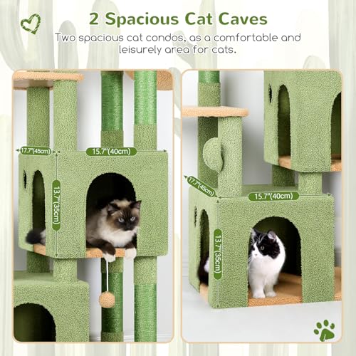Image of Globlazer Cactus Cat Tower for Indoor Cats, Heavy Duty Cat Trees for Large Cats Adult Big Cats Maine Coon Cat Tree Tower with Scratching Post, Extra Large Top Perch, Cat Condos, F61, Green, 61inch