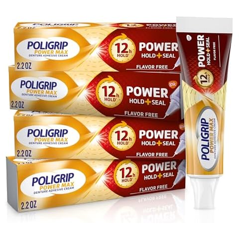 Super Poligrip Power Max Power Hold plus Seal Denture Adhesive Cream, Denture Cream for Secure Hold and Food Seal, Flavor Free - 2.2 oz (Pack of 4) Cover