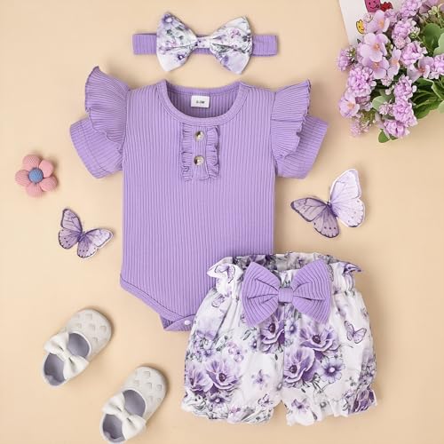 Baby Girl Clothes Summer Outfits Newborn Ruffle Sleeve Infant Flower Butterfly Shorts with Bow Headband 0-18 Months2