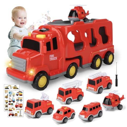 KIMIGO Camião bombeiros brinquedo, 7 em 1 camiões de brinquedo para crianças dos 2 aos 6 anos, camião transportador de carros com luzes e som, carro de brinquedo de fricção com 2 autocolantes