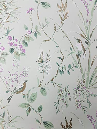 Image of Floral Birds Wallpaper Mint Plum Metallic Flower Shimmer Y�L Mariko