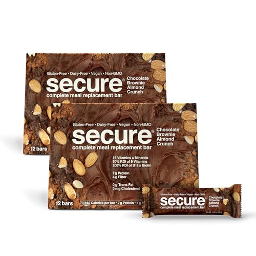 ANDREW LESSMAN Secure Complete Meal Replacement Bars – Chocolate Brownie Almond Crunch – 24 ct box – 7g Protein. 11 Vitamins plus Inulin Fiber. Low Calorie. Gluten and Dairy-Free, Vegan, Non-GMO