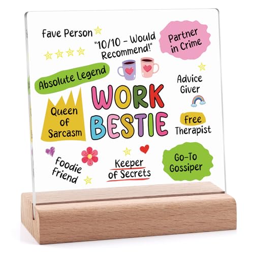 Work Bestie Gifts for Women Colleague Acrylic Plaque with Wooden Stand Funny Coworker Friends Gifts Acrylic Sign With Wooden Stand Desk Decor Signs Coworker Leaving Farewell Gift for Workmate